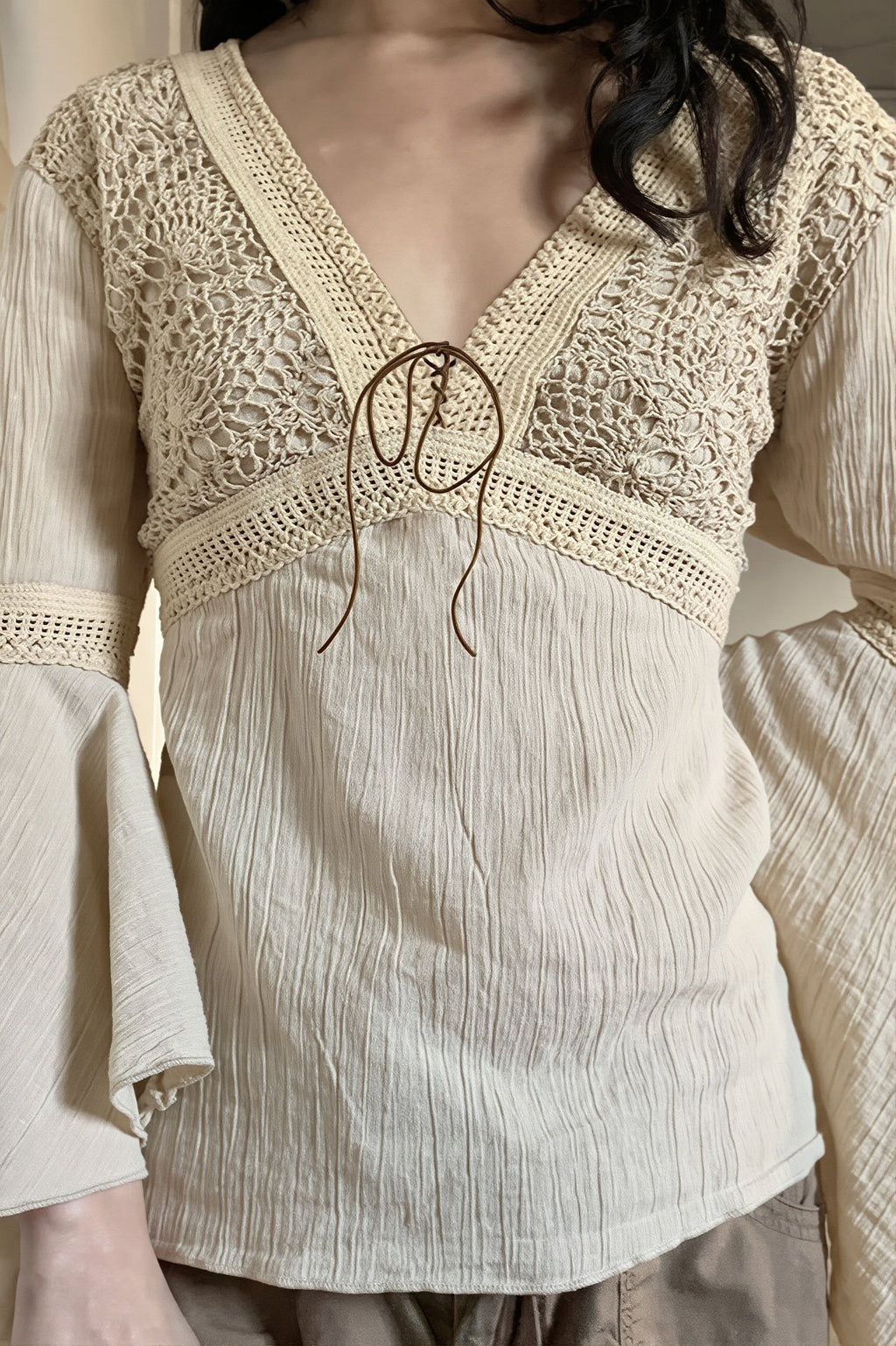 Lace Knit Flare Sleeve Ethnic Blouse