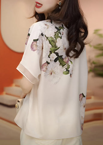 Mode Weiß O-Ausschnitt Print Chiffon Blusen Sommer 