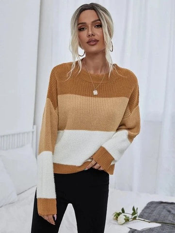 Autumn Winter Women Clothing Color Matching Sweater Long Sleeve Crew Neck Pullover Sweater