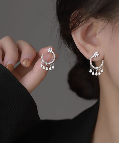 Pendientes de borla en forma de C de plata de ley blanca hechos a mano 