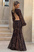 Leopard Mesh Hollow Deep V Sexy Maxi Dress