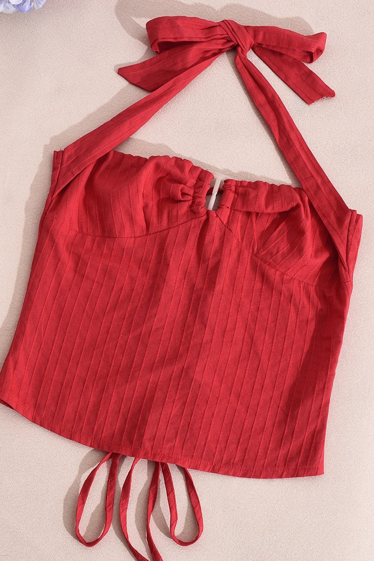 Striped Backless Tie Cropped Halter Top