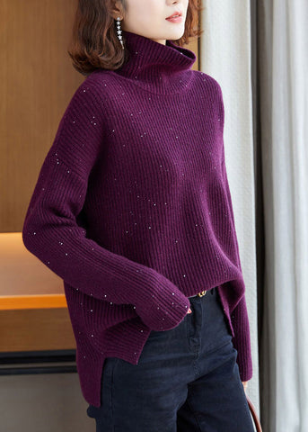 Italienische Lila Hign Neck Pailletten Strick Pullover Pullover Winter 
