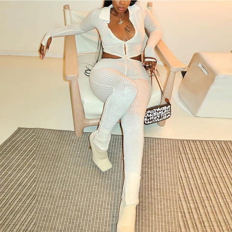 Autumn Winter Sexy Cardigan Long Sleeve Button Stitching Hollow Out Cutout Jumpsuit for Women