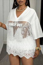 Number Print Loose Street Sheer Lace T-shirt