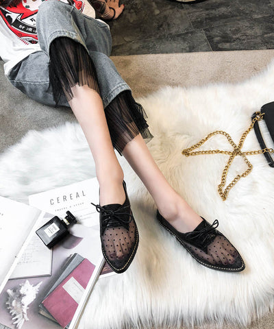 Damen Apricot Splicing Flats Schwarzer Tüll Schnürschuh Spitzschuh 