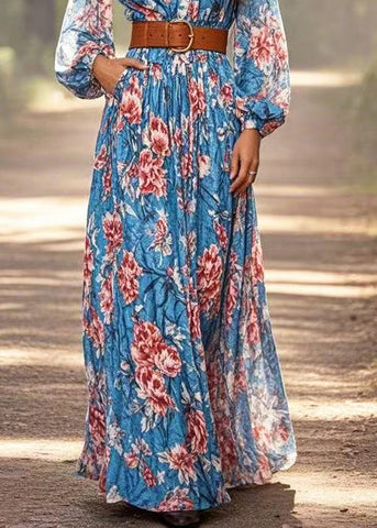 Art Blue Cinched Floral Cotton Ankle Dress Frühling 