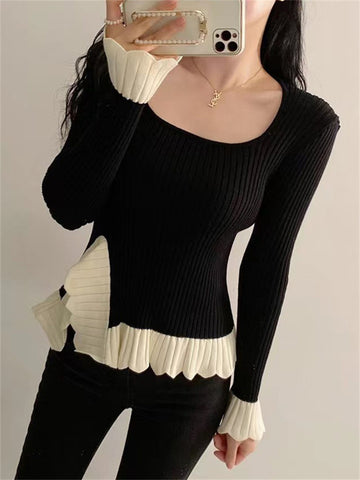 Tossy Ruffled Patchwork Vintage Pullover Sweater For Women Ribbed Contrast Elegant Long Sleeve Loose Knit Female Pullover 2023
