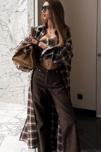 Designer Plaid Long Oversized Knee Length Shirt Overcoat
