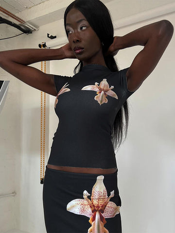 TARUXY Blumen-Minikleid-Set für Damen, Sommer, figurbetont, O-Ausschnitt, schlanke Crop-Tops, Damen, Strand, sexy, schmaler Rock, 2-teiliges Set, Damen-Outfits 