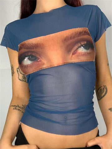 TARUXY Camisetas estampadas con ojos divertidos, tops cortos de malla estética de los años 2000, ropa grunge, camisetas gráficas vintage Harajuku, ropa urbana Y2K 