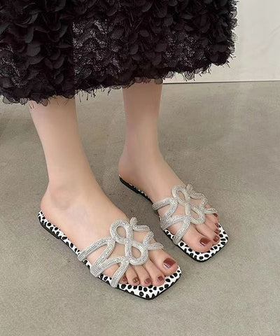 Schwarze Mode Zirkon Splicing Flats Slide Sandalen Peep Toe 