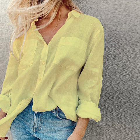 Women's Autumn Solid Color Long Sleeve Collared Cotton Linen Blouse
