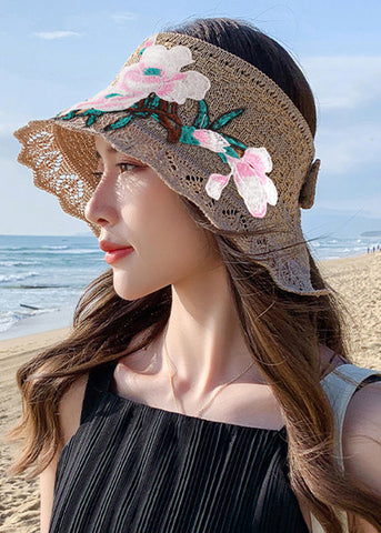 Sombrero flexible para el sol de algodón tejido con bordado floral color caqui 