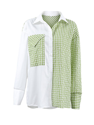 Long Sleeves Loose Buttoned Contrast Color Plaid Pockets Split-Joint Lapel Blouses&Shirts Tops