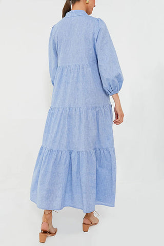 Vestido largo holgado con puños elásticos y solapa de color liso