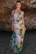 Watercolor Print Deep V Cowl Neck Backless Cami Ruched Maxi Dress
