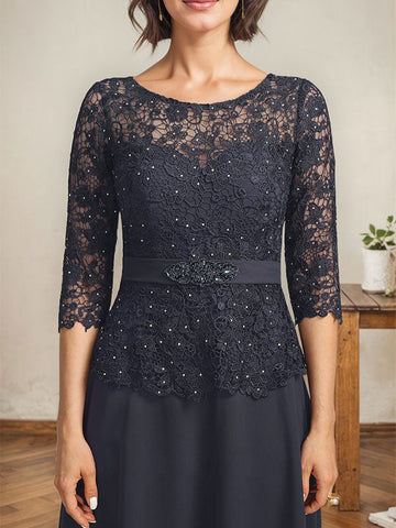 A-Linien-Kleid mit U-Boot-Ausschnitt, Illusion-Detail, knöchellang, aus Chiffon und Spitze mit Strassperlen für die Mutter der Braut. 