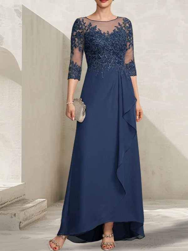 A-Linien-Kleid mit asymmetrischem, transparentem Chiffon-Spitzenausschnitt, Pailletten und Kaskadenrüschen für die Mutter der Braut