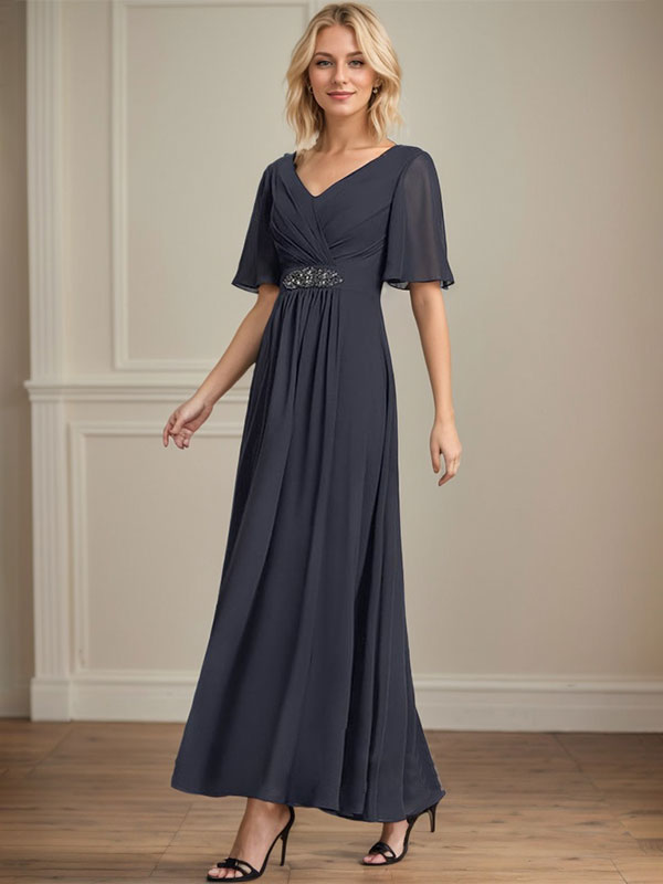 A-Linien-Chiffonkleid mit V-Ausschnitt, Knöchellänge, plissierten Pailletten und Perlenstickerei für die Mutter der Braut