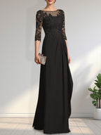 A-Linien-Kleid mit U-Boot-Ausschnitt, Illusion-Effekt, bodenlang, aus Chiffon und Spitze, mit Perlen, Pailletten und kaskadenartigen Rüschen – perfekt für die Mutter der Braut.