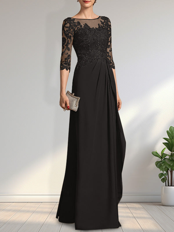 A-Linien-Kleid mit U-Boot-Ausschnitt, Illusion-Effekt, bodenlang, aus Chiffon und Spitze, mit Perlen, Pailletten und kaskadenartigen Rüschen – perfekt für die Mutter der Braut.
