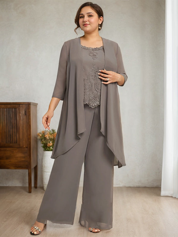 Vestido de madre de la novia de gasa con encaje, escote redondo y lentejuelas y mono/pantalón separado 