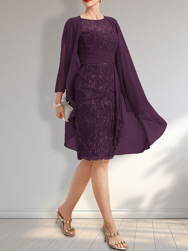 Etuikleid mit Rundhalsausschnitt, Illusion-Effekt, knielang, aus Chiffon mit Spitze, Rüschen und Pailletten – ideal für die Mutter der Braut