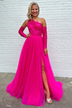 Vestido de fiesta de tul con encaje, corte A, un hombro y abertura
