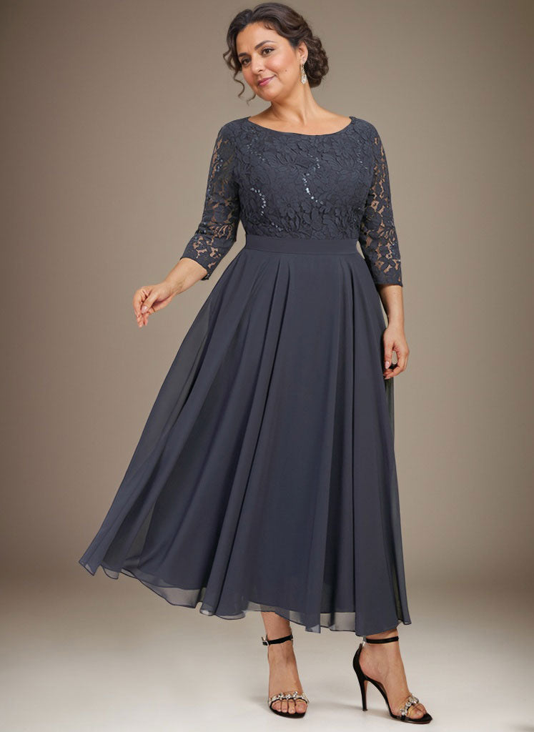 A-Linien-Kleid mit Rundhalsausschnitt, Teelänge, Spitze, Chiffon, Pailletten, für die Mutter der Braut