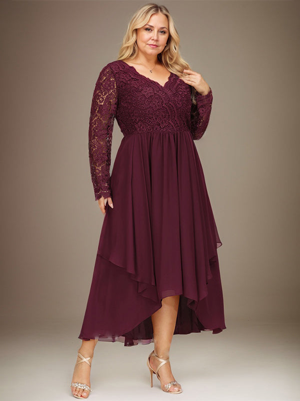 A-Linien-Kleid aus Chiffon mit V-Ausschnitt und asymmetrischer Spitze für die Mutter der Braut
