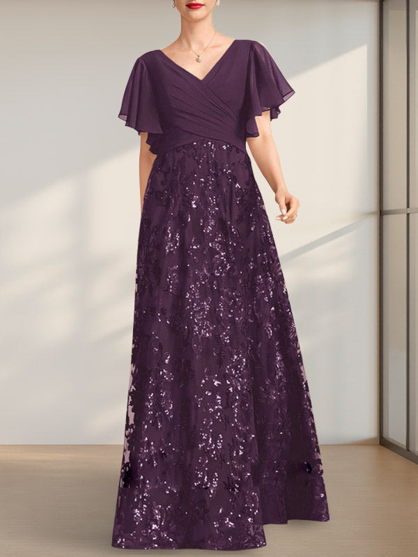 A-Linien-Kleid mit V-Ausschnitt, bodenlang, aus Spitze, Pailletten und Chiffon, ideal für die Mutter der Braut, mit Falten
