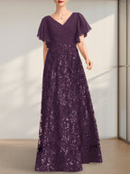 A-Linien-Kleid mit V-Ausschnitt, bodenlang, aus Spitze, Pailletten und Chiffon, ideal für die Mutter der Braut, mit Falten