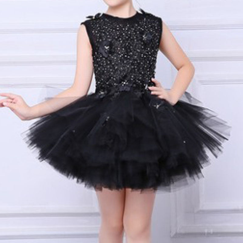 Sommer-Kommunionkleid für Mädchen, ärmellos, Paillettenstickerei, Schleppe, Prinzessinnenkleid 