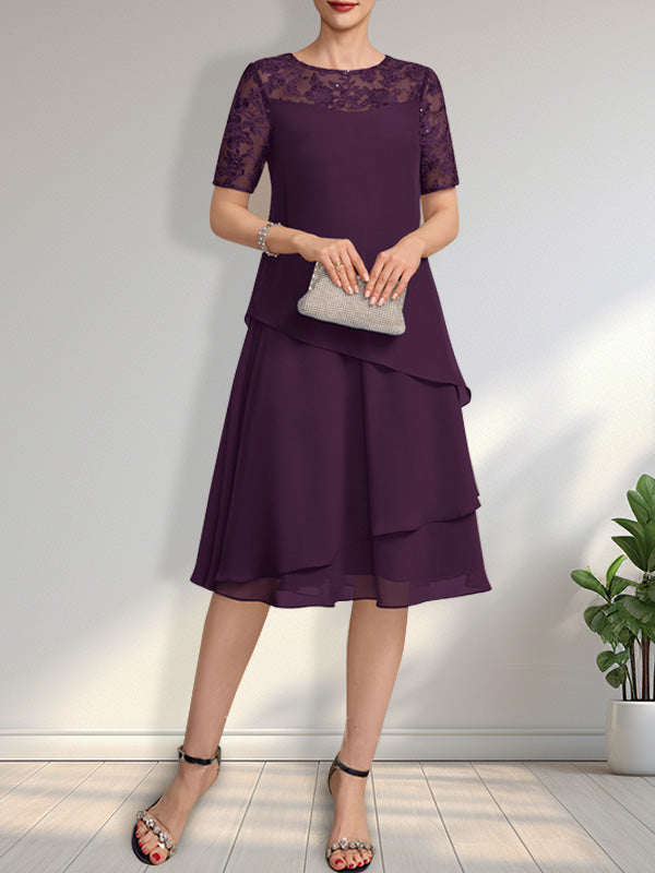 A-Linien-Kleid mit Rundhalsausschnitt, Illusion-Effekt, knielang, aus Spitze und Chiffon mit Pailletten für die Mutter der Braut
