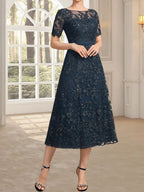 A-Linien-Kleid mit Rundhalsausschnitt, Illusion-Ausschnitt, Teelänge, Spitze und Pailletten für die Mutter der Braut