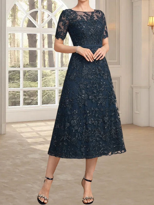 A-Linien-Kleid mit Rundhalsausschnitt, Illusion-Ausschnitt, Teelänge, Spitze und Pailletten für die Mutter der Braut