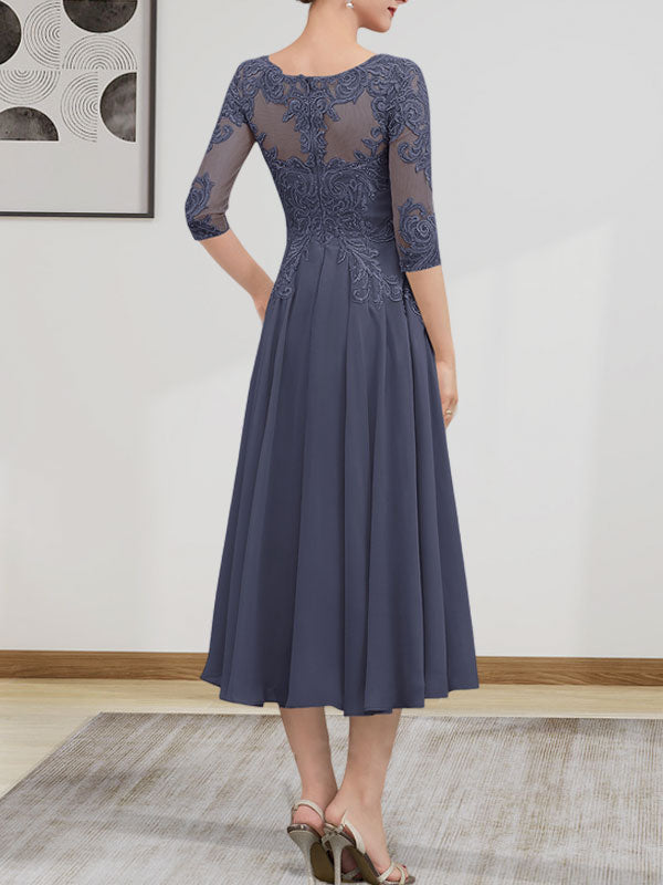 A-Linien-Kleid mit U-Boot-Ausschnitt, Illusion-Detail, Teelänge, Chiffonspitze, Perlenstickerei und Pailletten für die Mutter der Braut