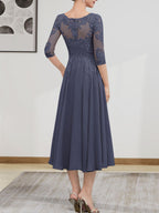 A-Linien-Kleid mit U-Boot-Ausschnitt, Illusion-Detail, Teelänge, Chiffonspitze, Perlenstickerei und Pailletten für die Mutter der Braut