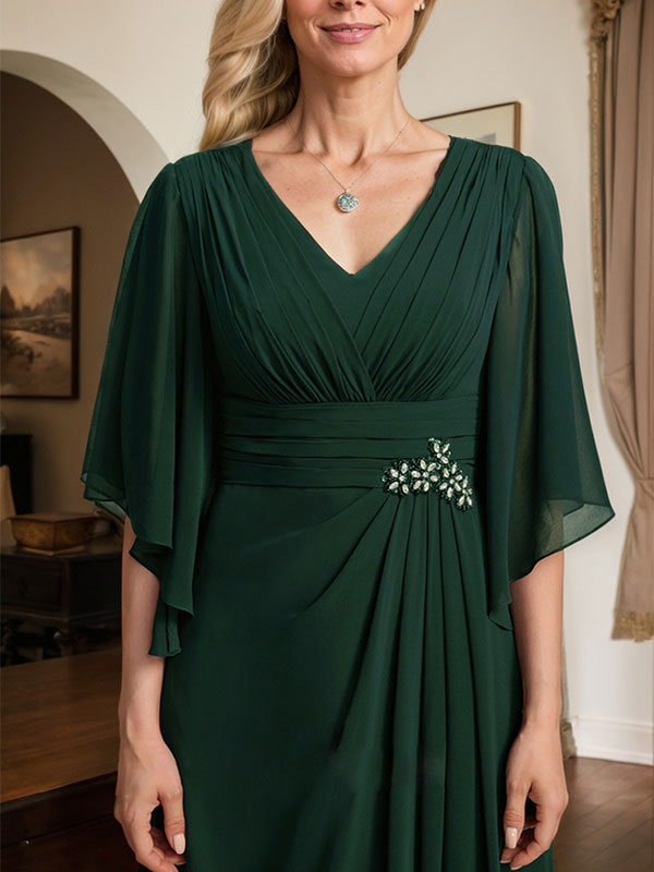Vestido de gasa para madre de la novia, con escote en V, largo hasta el suelo, con lentejuelas plisadas y abalorios.