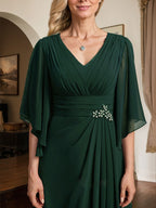 Vestido de gasa para madre de la novia, con escote en V, largo hasta el suelo, con lentejuelas plisadas y abalorios.