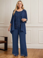 Zweiteiliger Jumpsuit/Hosenanzug, bodenlanges Chiffon-Kleid mit Spitze und Pailletten für die Mutter der Braut