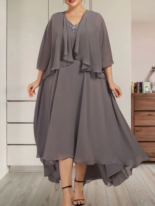 A-Linien-Kleid aus Chiffon mit V-Ausschnitt, asymmetrischem Muster und Perlen- und Paillettenbesatz für die Mutter der Braut