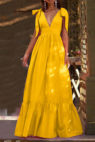 Vestido largo Meridress con escote en V profundo, lazo en los hombros y cintura alta