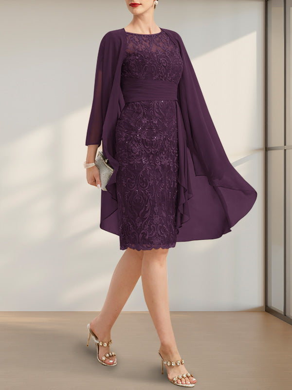 Etuikleid/Säulenkleid mit Illusion-Ausschnitt, knielang, aus Chiffon mit Spitze, Kaskadenrüschen und Pailletten für die Mutter der Braut