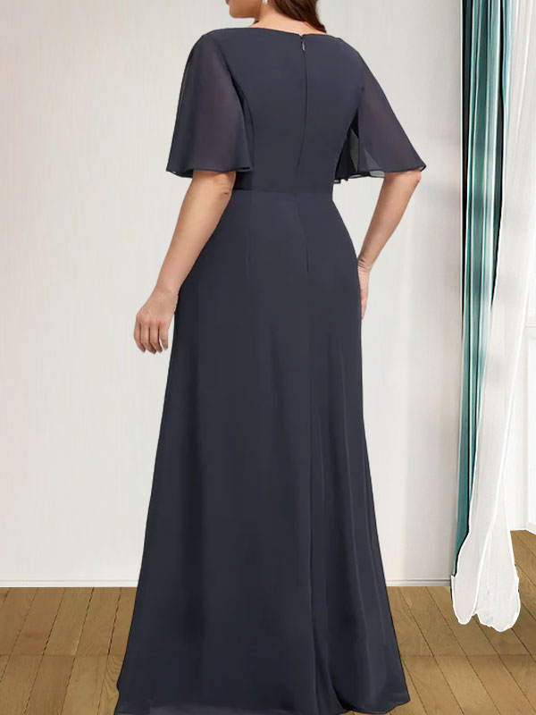 A-Linien-Kleid aus Chiffon in Bodenlänge für die Mutter der Braut mit kaskadenartigen Rüschen, Perlen und Pailletten