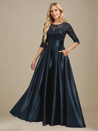 A-Linien-Kleid mit Illusion-Ausschnitt, bodenlang, aus Stretch-Satin und Spitze, verziert mit Schleife und Pailletten, für die Mutter der Braut 