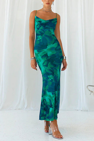 Meridress – Rückenfreies, bedrucktes Camisole-Maxikleid mit Wasserfallausschnitt und figurbetontem Schnitt