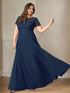 Dunkelblaues A-Linien-Pailletten-Chiffonkleid mit U-Boot-Ausschnitt 