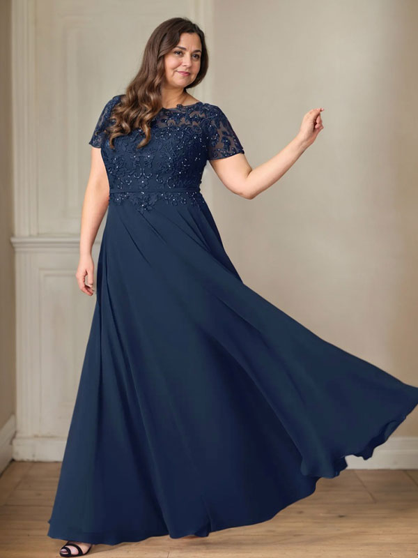 Dunkelblaues A-Linien-Pailletten-Chiffonkleid mit U-Boot-Ausschnitt 